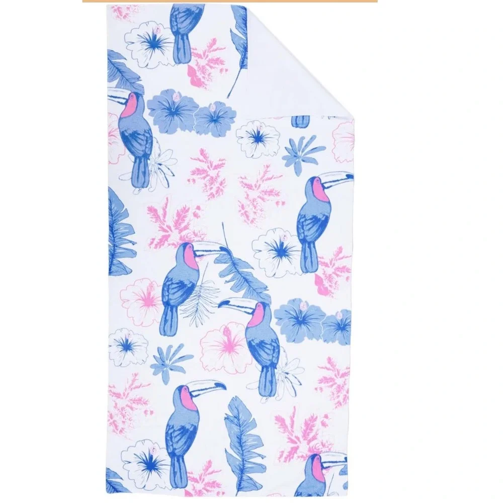 Tipsy Elves Toucan Tango Beach Towel Blue Pink White Tropical Floral 30x60  NEW
